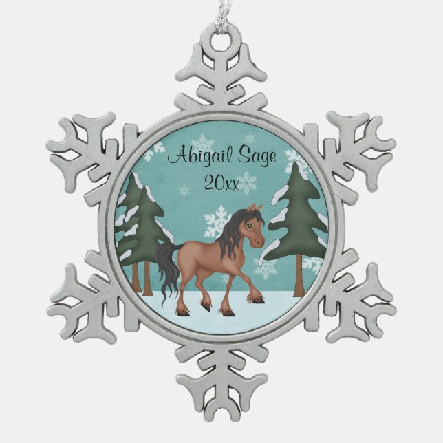 Personalized Bay Horse Winter Woodland Holiday Snowflake Pewter Christmas Ornament (Front)