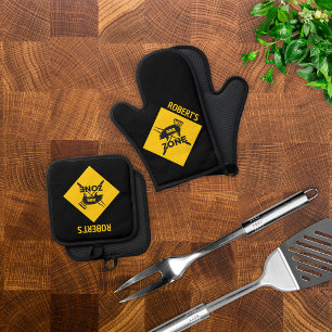 Personalized BBQ Zone Caution Sign Design Oven Mitt & Pot Holder Set