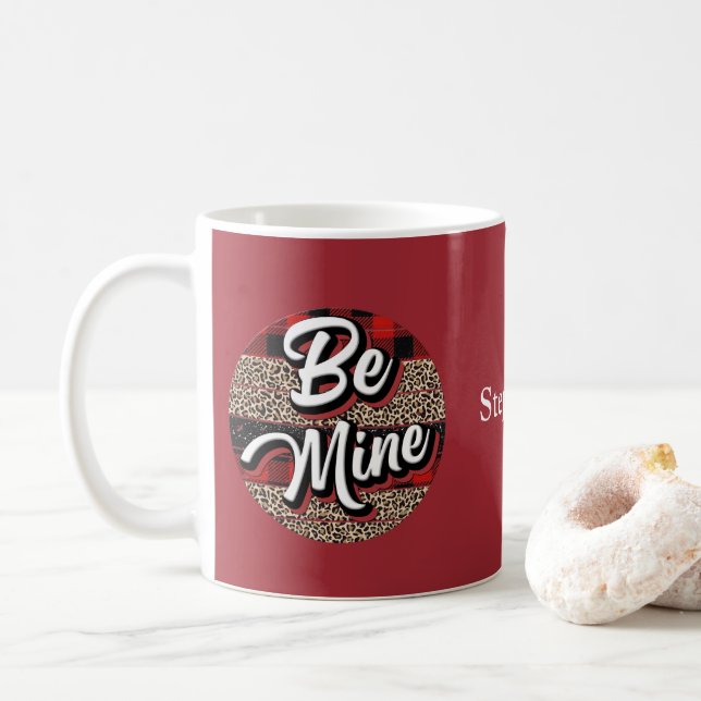 Personalized Be My Valentine Buffalo Plaid Leopard Coffee Mug (With Donut)
