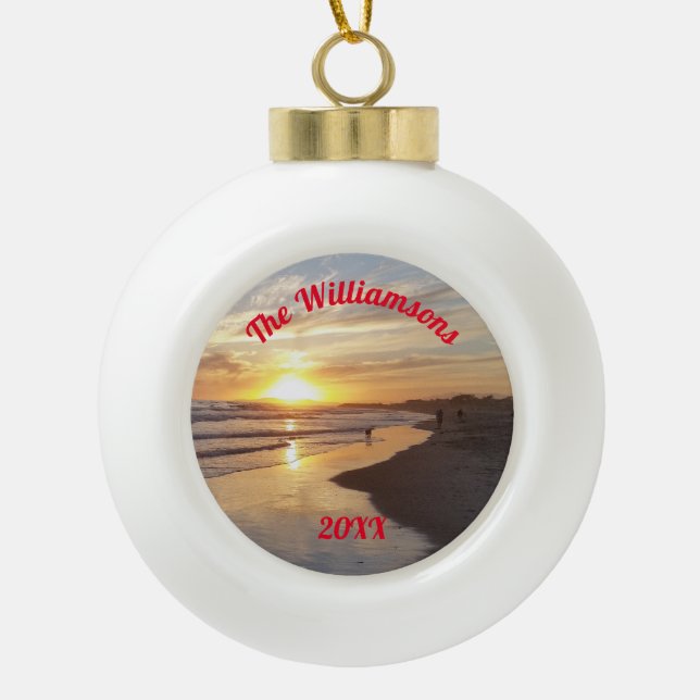 Personalized Beach and Dog at Sunset Ceramic Ball Christmas Ornament (Front)