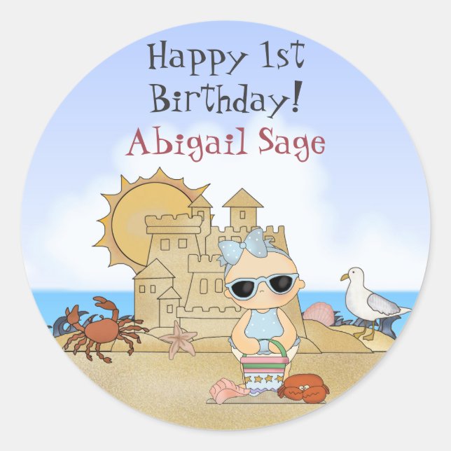 Personalized Beach Baby 1st Birthday Stickers (Front)
