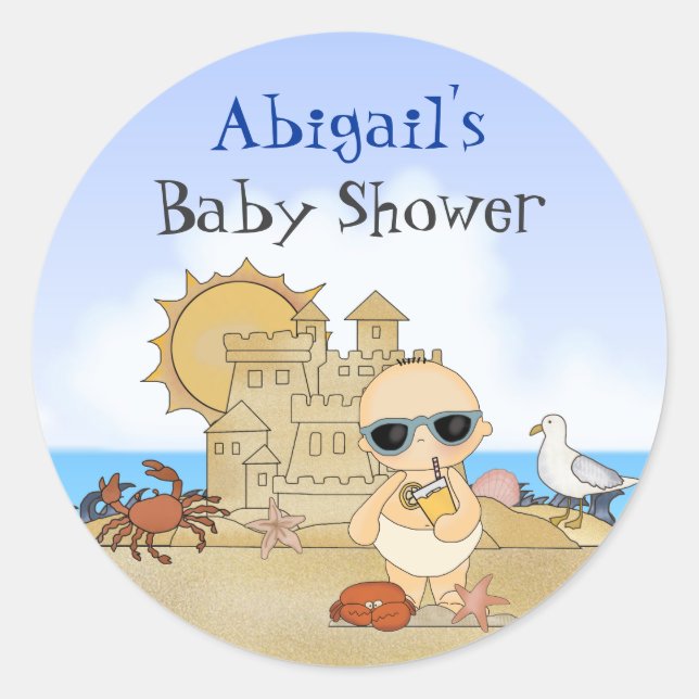 Personalized Beach Baby Boy Baby Shower Stickers (Front)