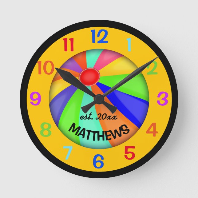 Personalized Beach Ball Name and Year Round Clock (Front)