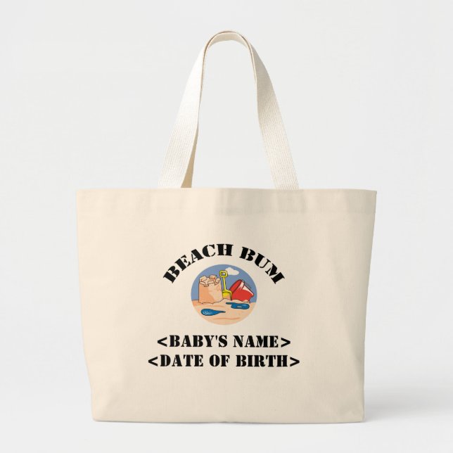 Personalized Beach Bum New Baby Gift Large Tote Bag (Front)