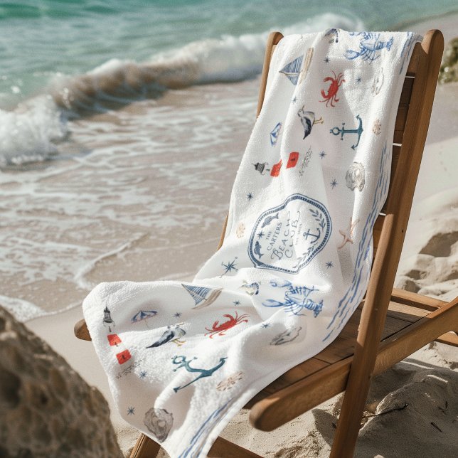 Personalized Beach Club Crest Coastal Beach Towel (Creator Uploaded)