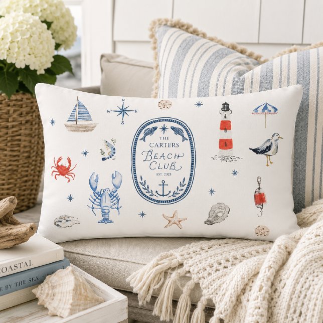 Personalized Beach Club Crest Coastal Throw Pillow (Creator Uploaded)