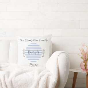 Personalized Beach House, Blue Coastal Stripe  Throw Pillow