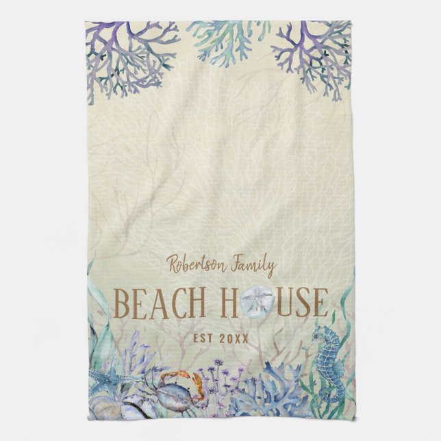 Personalized Beach House Coastal Coral Reef Kitchen Towel (Vertical)