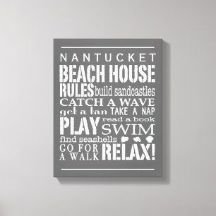 Personalized Beach House Rules Grey   White Canvas Print