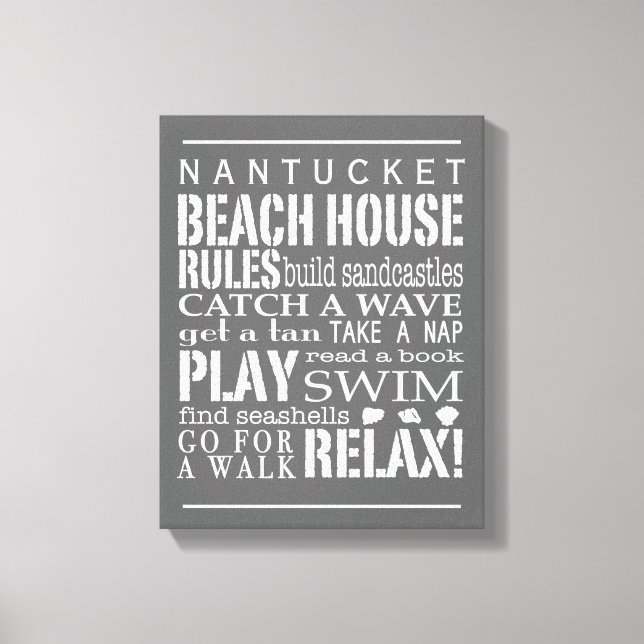 Personalized Beach House Rules Grey | White Canvas Print (Front)