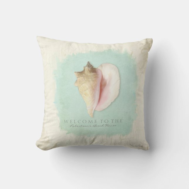 Personalized Beach House Welcome Sign Conch Shell Throw Pillow (Front)