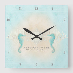 Personalized Beach House Welcome Sign Seahorses Square Wall Clock