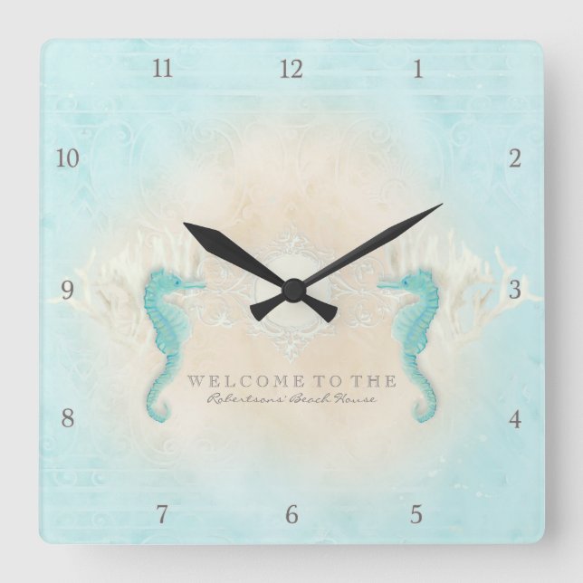 Personalized Beach House Welcome Sign Seahorses Square Wall Clock (Front)