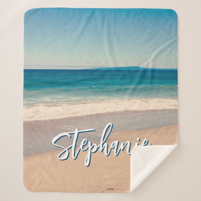 Personalized Beach Photo Ocean Blue M Sherpa Blanket (Front)