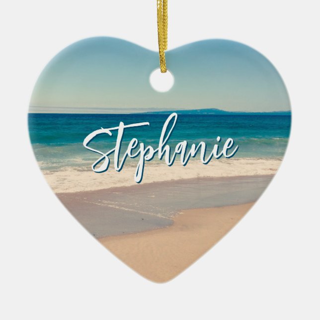 Personalized Beach Photo Ocean Blue Scenic Ceramic Ornament (Front)