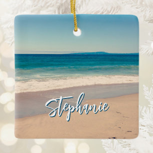 Personalized Beach Photo Ocean Blue Scenic Ceramic Ornament