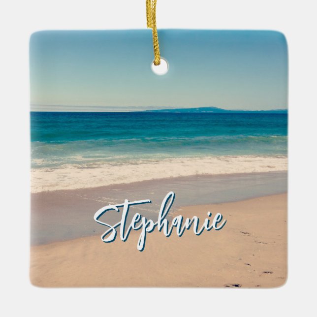 Personalized Beach Photo Ocean Blue Scenic Ceramic Ornament (Front)