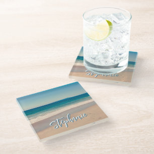 Personalized Beach Photo Ocean Blue Scenic Glass Coaster