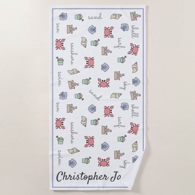 Personalized Beach Sandcastle Crab Shell Pail Kid  Beach Towel (Front)