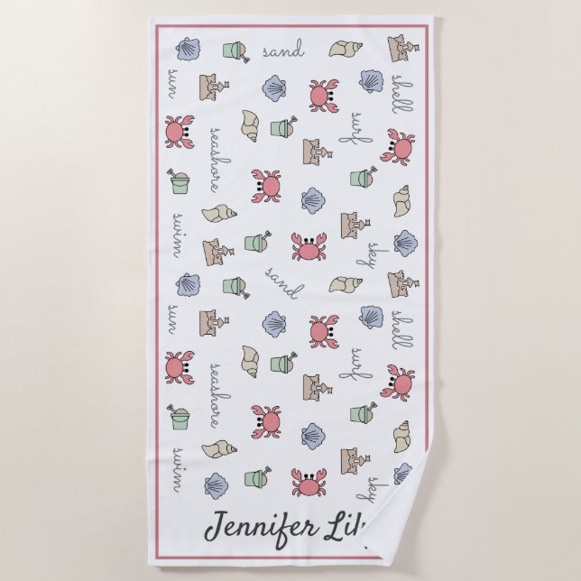 Personalized Beach Sandcastle Crab Shell Pail Kid  Towel (Front)