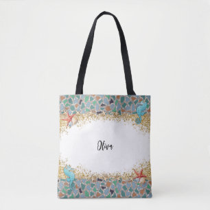 Personalized Beach Sea Life Glass Themed Border Tote Bag