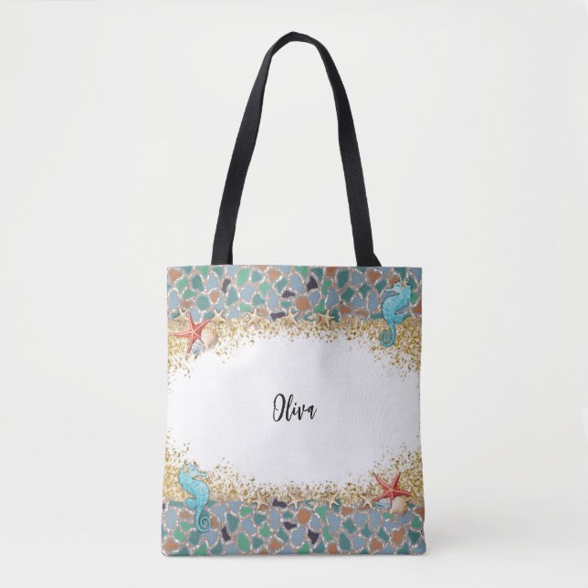 Personalized Beach Sea Life Glass Themed Border Tote Bag (Front)