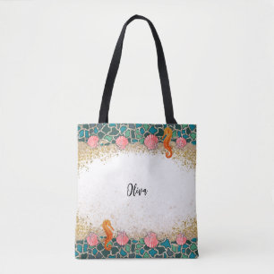 Personalized Beach Sea Life Glass Themed Border Tote Bag