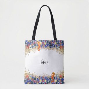 Personalized Beach Sea Life Glass Themed Border Tote Bag