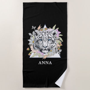 Personalized Beach Towel Custom Name White Tiger