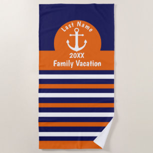 Personalized Beach Towels - Blue and Orange Stripe