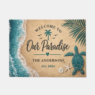 Personalized Beach Welcome Mat Turtle Coastal