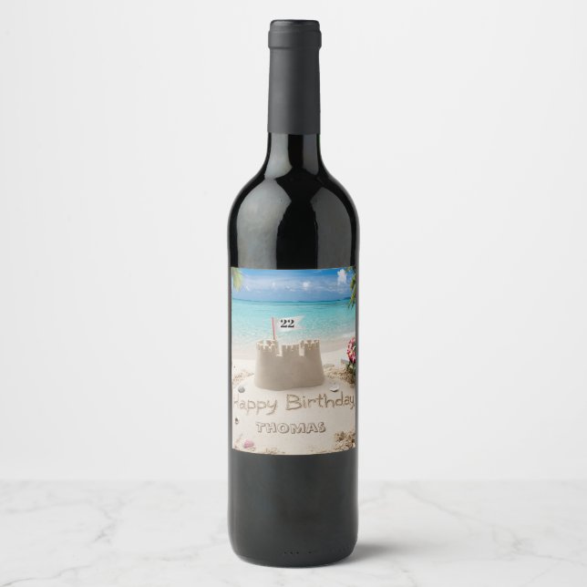 Personalized Beachside Birthday Design Wine Label (Front)