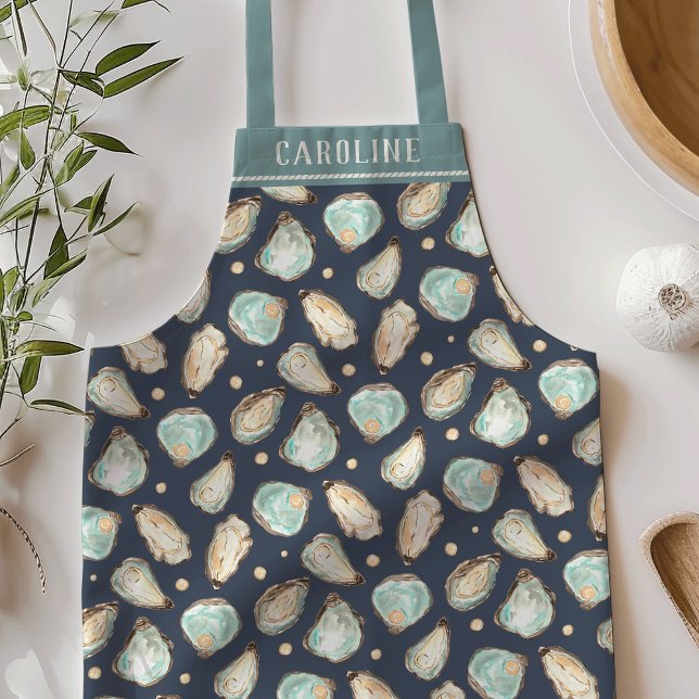 Personalized Beachy Summer Oyster & Pearl Pattern Apron (Creator Uploaded)