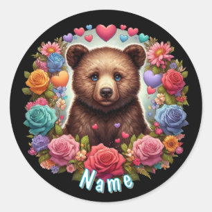 Personalized Bear Cub with Roses and Hearts Classic Round Sticker
