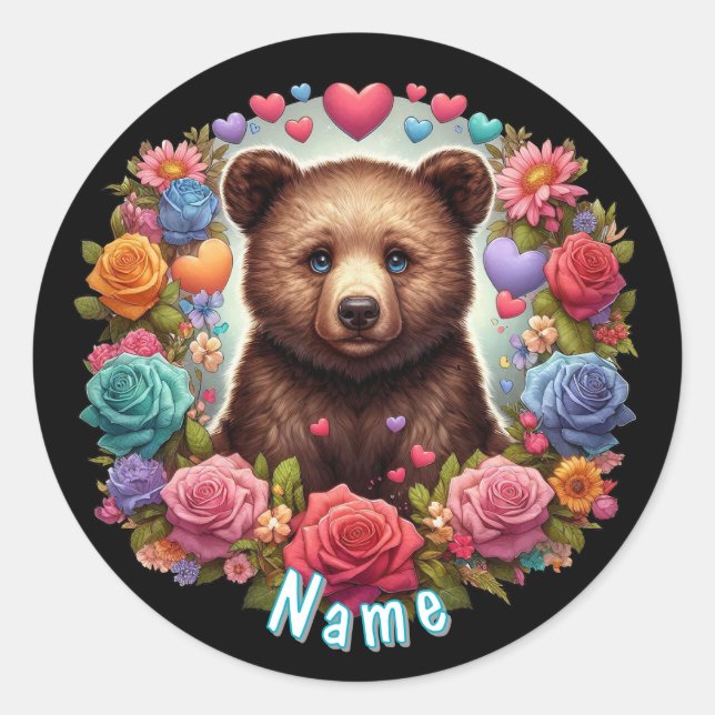 Personalized Bear Cub with Roses and Hearts Classic Round Sticker (Front)