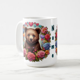 Personalized Bear Cub with Roses and Hearts Coffee Mug
