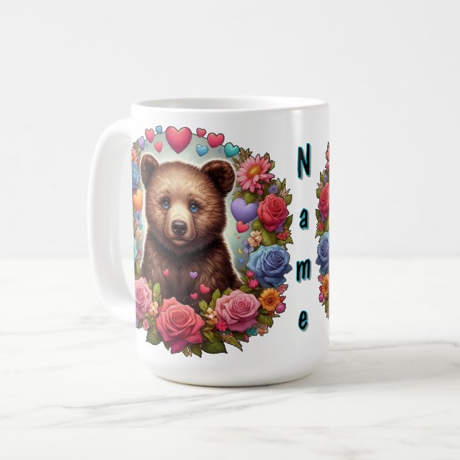 Personalized Bear Cub with Roses and Hearts Coffee Mug (Front Left)