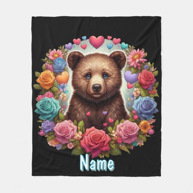 Personalized Bear Cub with Roses and Hearts Fleece Blanket (Front)