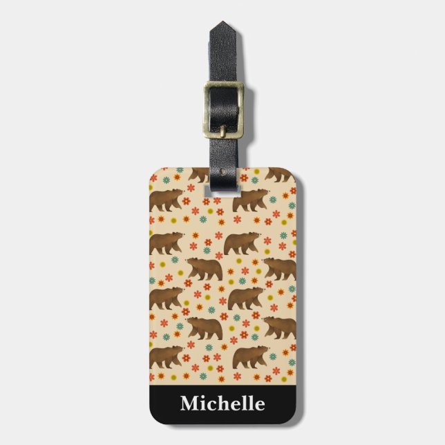 Personalized Bear Floral Pattern Luggage Tag (Front Vertical)