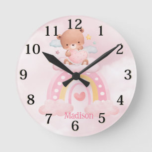 Personalized Bear Girls Rainbow Round Clock