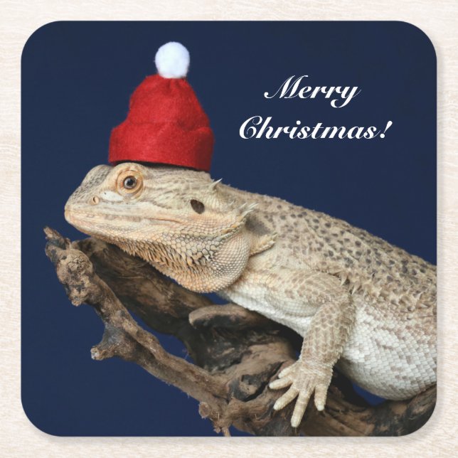 Personalized Bearded Dragon Lizard - Santa Hat Square Paper Coaster (Front)