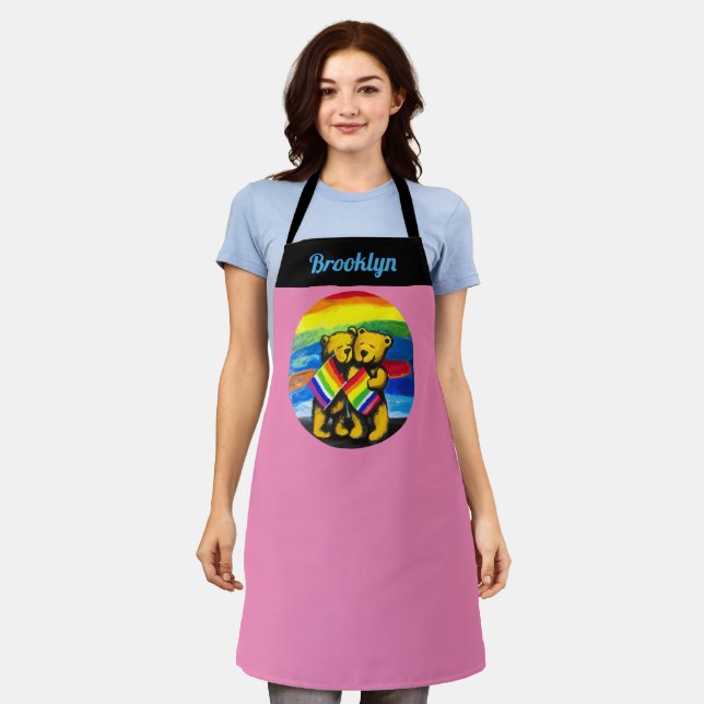 Personalized Bears Love Couple LGBT Rainbow Flag Apron (Worn)