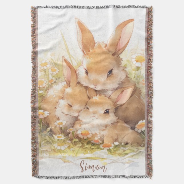 Personalized Beatrix Potter Style Bunny Rabbits Throw Blanket (Front Vertical)