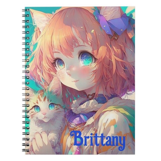 Personalized Beautiful Anime Girl with Cute Kitten Notebook (Front)