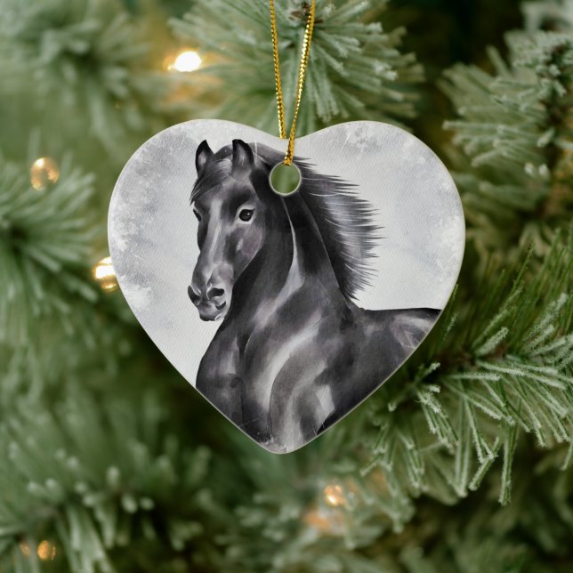 Personalized Beautiful Black Horse Heart Christmas Ceramic Ornament (Tree)