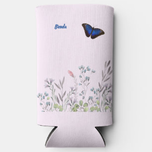 Personalized Beautiful Blue Morpho Butterfly Lilac Seltzer Can Cooler
