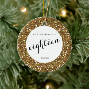 Personalized Beautiful Gold Glitter Eighteen Ceramic Ornament