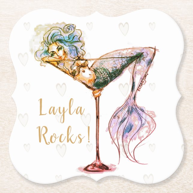 Personalized Beautiful Mermaid Martini Paper Coaster (Front)