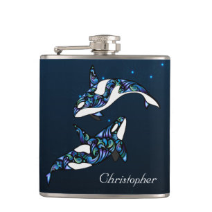 Personalized Beautiful Orca Whales Beach Wedding Hip Flask