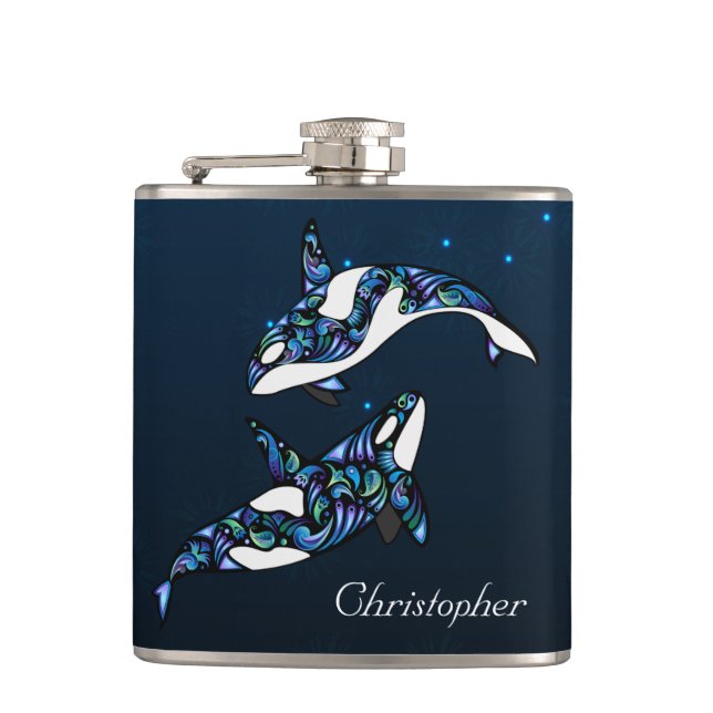 Personalized Beautiful Orca Whales Beach Wedding Hip Flask (Front)